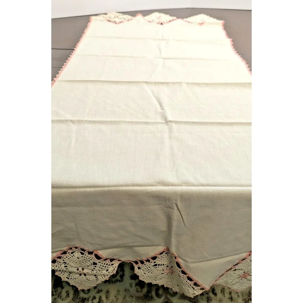 Vintage Pink Crochet Linen Table Runner Set Handmade Lace Napkins Doily 6pc